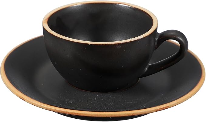 uxcell Handmade Vintage Espresso Cups, 9.5 oz Coffee Cups and Saucers Ceramic Tea Cup with Handle Dishwasher and Microwave Safe for Latte Cappuccino Milk Office Home Gifts, Morandi Black