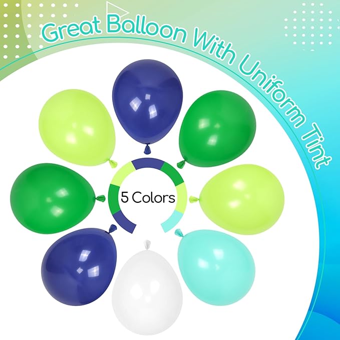 60pcs Blue and Green Balloons 12inch, Navy Blue Lime Green Teal White Confetti Balloons for Dinosaur Baby Shower Birthday Party Decorations