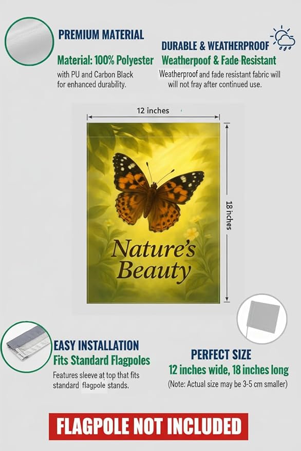 FLAGMEUP8386 Welcome Butterfly Garden Flag 12x18 Inch Double-Sided Polyester Fall Flag with Monarch and Painted Lady on Glowing Leaves, “Nature’s Beauty Quote Seasonal Yard Decoration