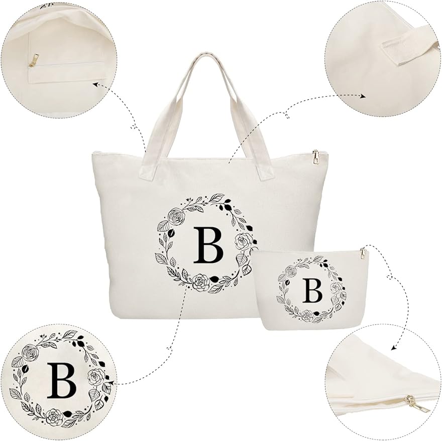 Personalized Initial Canvas Tote Bag with Zipper, Present Bag with Inner Pocket & Make Up Bag, Great Gifts for Women, Mom, Teachers, Friends, Bridesmaids