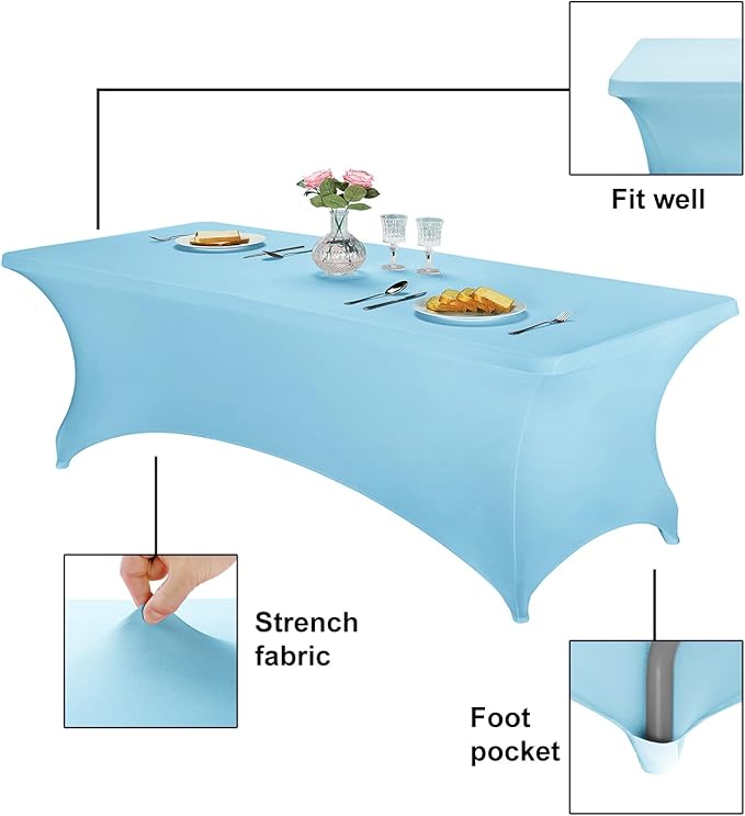 FORLIFE Spandex Table Cover - Fitted 8ft Rectangular Tablecloth, Stretch Patio Cover, Universal for Wedding, Banquet, Party (Blue Mist)