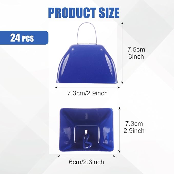 24 PCS Metal Cowbell with Handle 3 Inch Cow Bells for Sporting Events Blue Mini Cow Bells Noise Makers for Sporting Events 3 Inch Small Cowbell for Football Games, Party, Farm