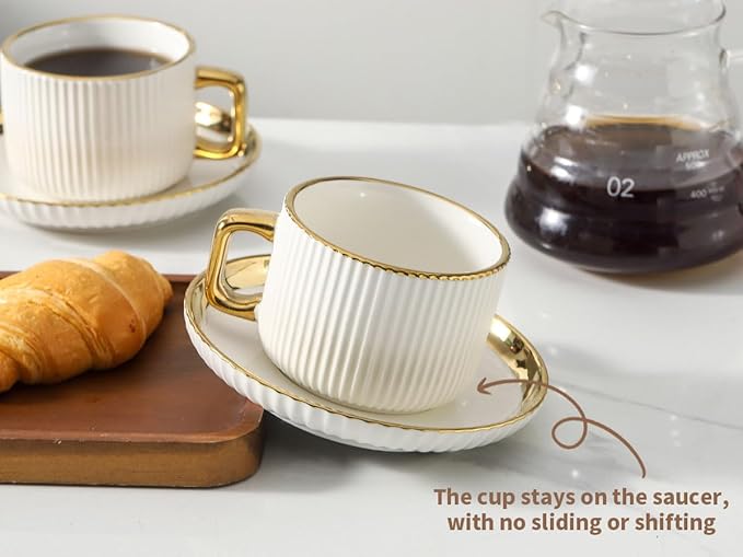 LETAOTAO Cappuccino Cups with Saucers, 8oz Ceramic Coffee Cups with Saucers Set, Latte Art Coffee Mugs with Gold Trim, Tea Cups Set of 4, British/Italian Coffee cups for Cafe Mocha, Double Espresso
