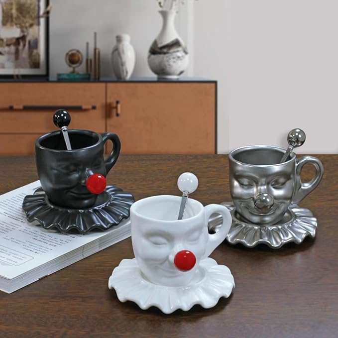 Tea Cups and Saucers, Ceramic Coffee Cup Set 8.5oz, Porcelain Tea Set Face artistic clown cup Design for Lover Gift & Home Decor-White