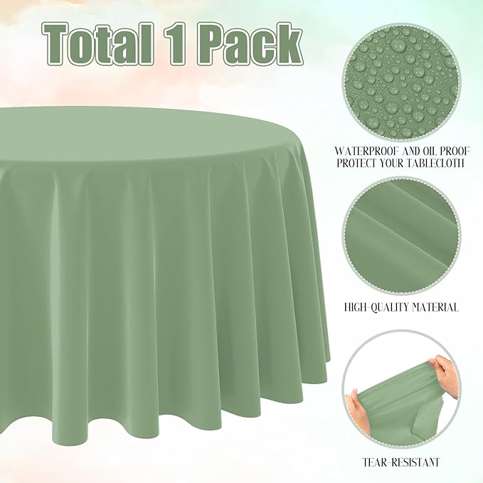 1Pcs Sage Green Plastic Tablecloths Round Light Green Tablecloth Waterproof Disposable Round Sage Table Cover for Birthday Bridal Wedding Baby Shower Party Decorations,84Inch