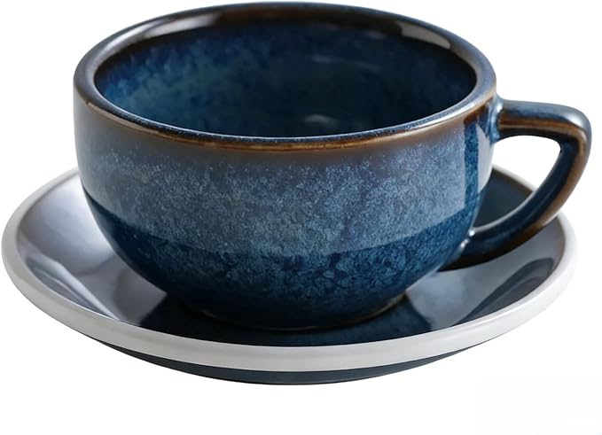 Ceramic Latte Mug, 10.82oz Barista Cup with Saucer, 7mm Thickened Rim Ceramic Cappuccino Cup, Vintage Latte Art Mug for Home & Café (Kiln Transmutation Blue)