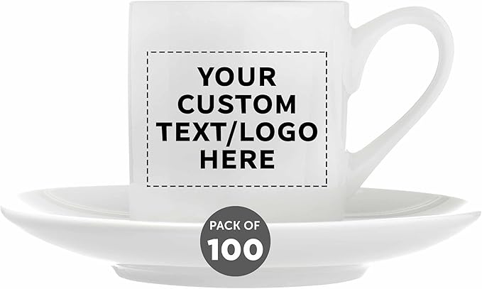 DISCOUNT PROMOS 100 Espresso Cups with Saucers Set, 3 oz. - Personalized Text, Logo - Practical, Porcelain, Coffee Shops - White
