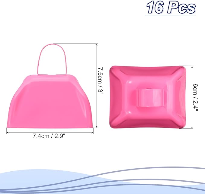 PATIKIL 16pcs Cow Bells for Football Games, 3inch Cowbells for Sporting Events Bulk Loud Noise Makers Metal Cow Bell with Handle for Cheering Competition Marathon Wedding, Pink