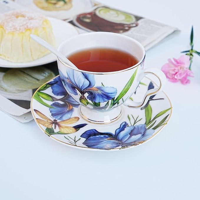 Bone China Tea Cup and Saucer Set with Spoon，Elegant Floral Tea Cup Set (7 oz)，British Coffee Latte Mug for Mother's Day Gifts