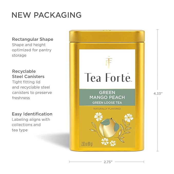 Tea Forte Green Mango Peach Premium Loose Leaf Caffeinated Green Tea Blend Canister, Makes 35-50 Cups