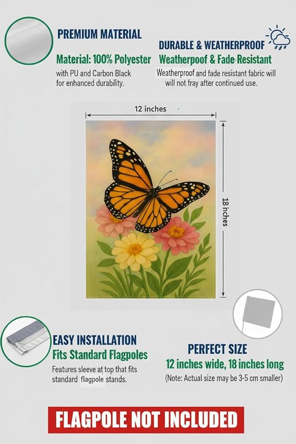 FLAGMEUP8386 Welcome Monarch Butterfly Garden Flag 12x18 Inch Double-Sided Polyester Yard Banner with Flowers, Outdoor Spring Summer Decoration for Porch, Patio, Lawn, Gardeners, Nature Lovers