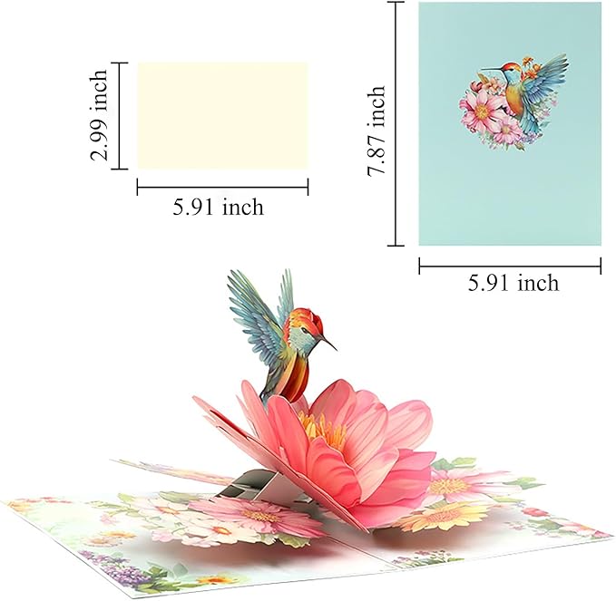 3D Hummingbird and Flower Pop Up Card, 3D Flower Greeting Pop-Up Card for Birthday, Anniversary, Thank You, Mother’s Day, Thinking of You, Nature Lovers Gift for Women and Mom