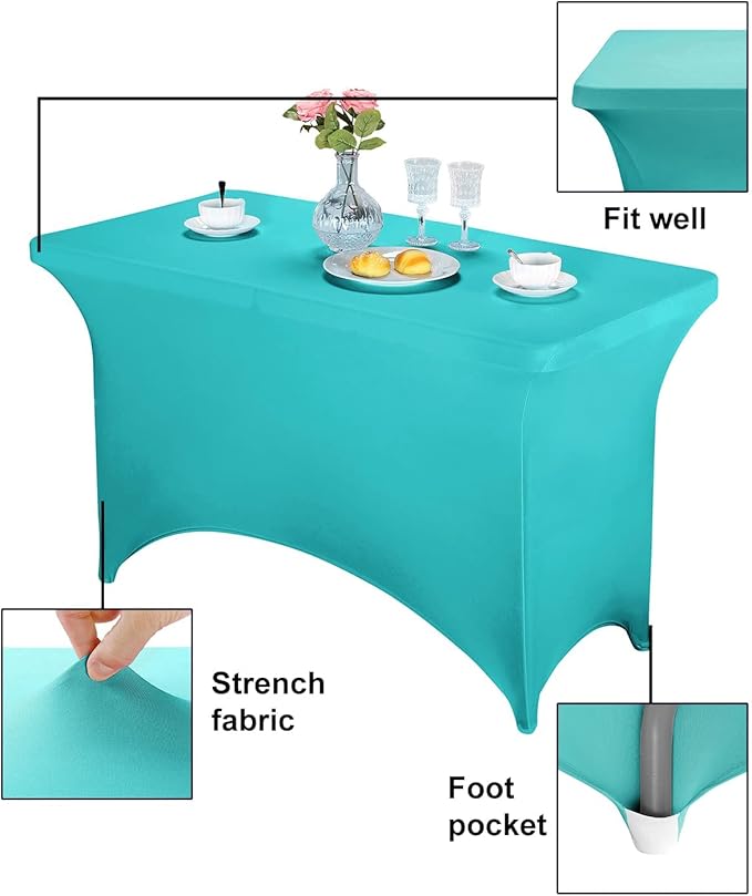 FORLIFE 2Pack Spandex Table Covers，Fitted Tablecloth for Rectangular Tables, Stretch Patio Table Covers, Universal Spandex Table Cover for Wedding, Banquet, Party (4ft, Turquoise)