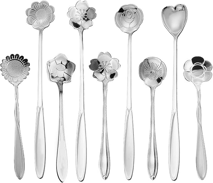 9 Pcs Flower Spoon Coffee Teaspoon Set, ESRISE Stainless Steel Tea Spoon for Tea Party Decorations (Silver)