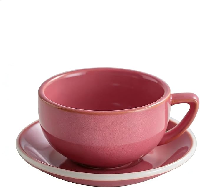Ceramic Latte Mug, 10.82oz Barista Cup with Saucer, 7mm Thickened Rim Ceramic Cappuccino Cup, Vintage Latte Art Mug for Home & Café (Kiln Transmutation Pink)