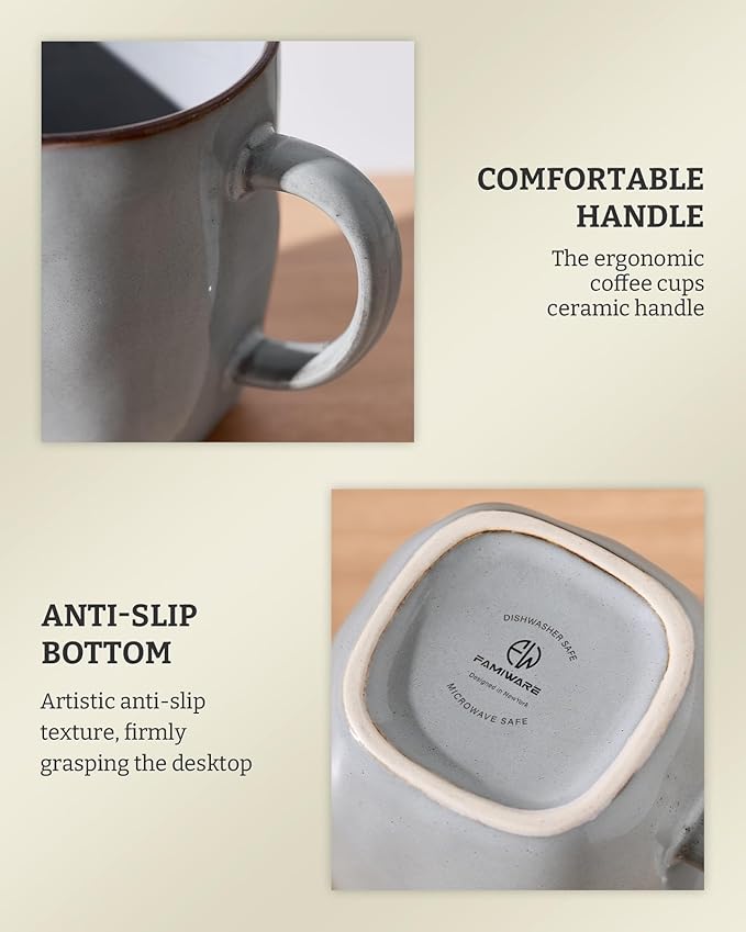 famiware Coffee Mugs Set of 4, Ocean Square 13oz Coffee Cup Set with Handle for Cocoa, Milk, Hot Chocolate, Tea, Water, Stoneware Cups for Kitchen, Microwave and Dishwasher Safe, Grey