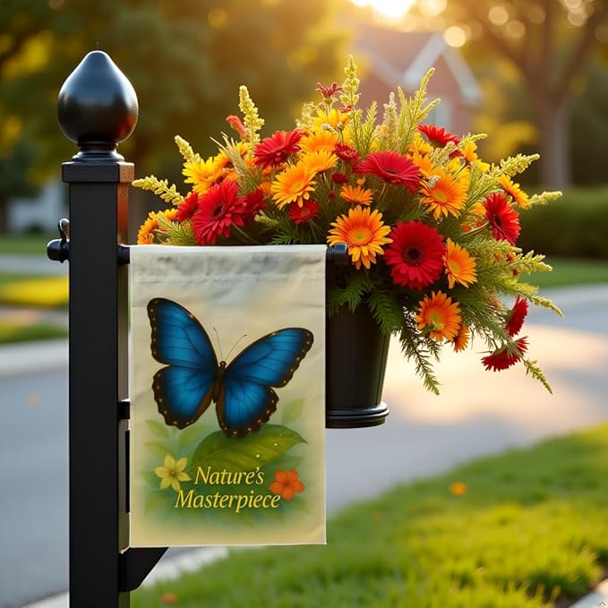 FLAGMEUP8386 Welcome Butterfly Garden Flag 12x18 Inch Double-Sided Polyester Yard Banner with Blue Morpho Tropical Leaves, Fall Flag for Seasonal Garden Decoration with Nature’s Masterpiece Quote