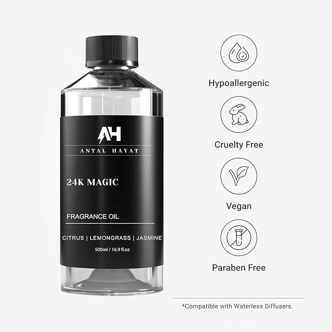 24K Magic Scent Diffuser Oil 500mL - Inspired by Luxury Hotel W Hotels - Notes of Zesty Citrus, Floral Jasmine, & Delicate Lily - Aromatherapy Home Fragrance - 24K Diffuser Oil - AH Diffuser Oils