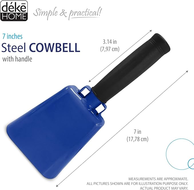 Deke Home - 2 Pack 7 Inch Steel Cowbells with Handle, Loud Noise Makers for Football, Sports, Parties, Competitions, School Spirit & Safety, Large Hand Bell for Cheering & Percussion Instrument
