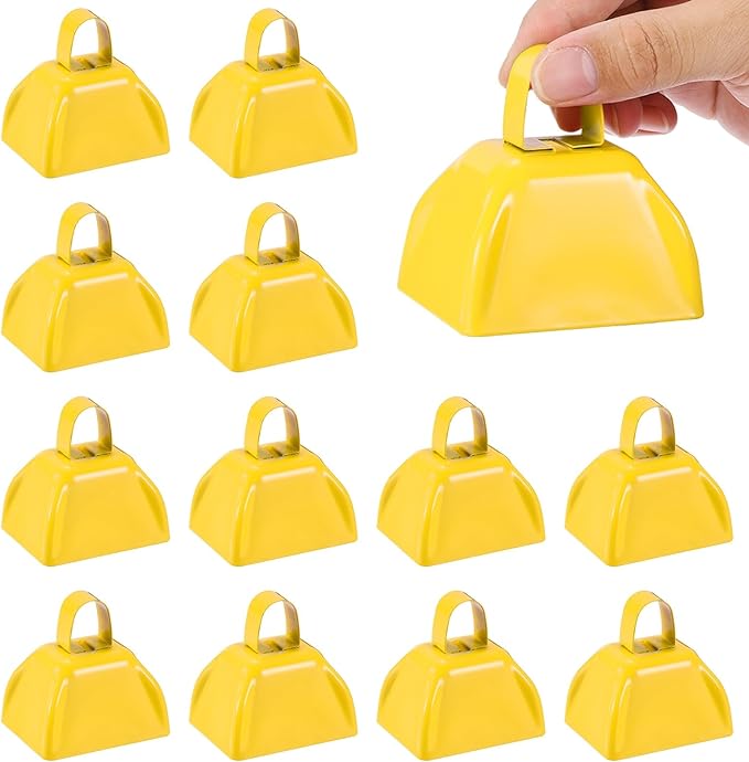 PATIKIL 16pcs Cow Bells for Football Games, 3inch Cowbells for Sporting Events Bulk Loud Noise Makers Metal Cow Bell with Handle for Cheering Competition Marathon Wedding, Yellow
