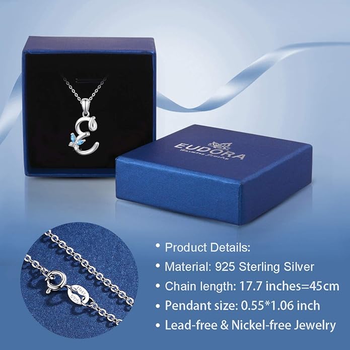 EUDORA Sterling Silver Butterfly Initial Necklaces for Women, Elegant Letter Neckles Personalized Gift for Mother, Sister, Daughter, 18 inch Chai