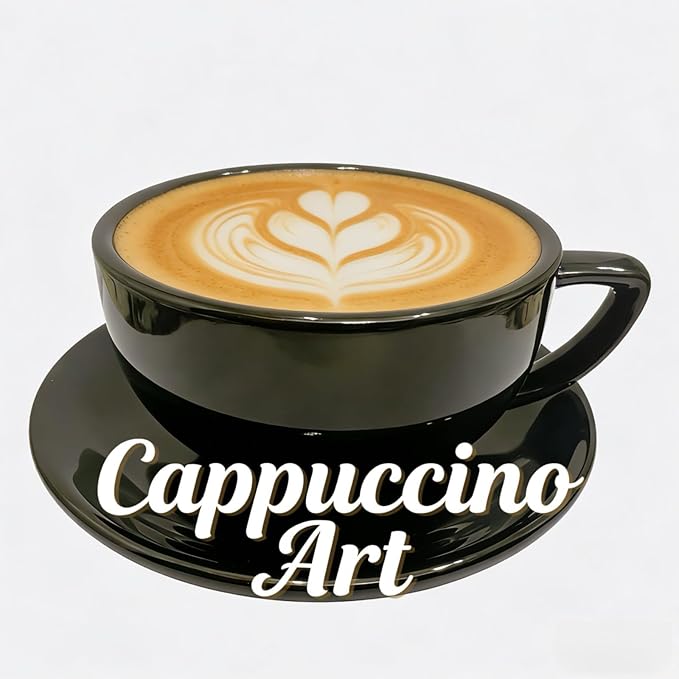 Ceramic Latte Mug, 10.82oz Barista Cup with Saucer, 7mm Thickened Rim Ceramic Cappuccino Cup, Vintage Latte Art Mug for Home & Café (Bright Black)
