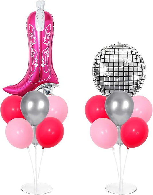 Pink Cowgirl Party Balloons Stand Kit 2 Sets With 2 Boot 4D Disco Ball Foil Balloons Silver Hot Pink Balloon Centerpiece for Tables for Last Rodeo Bachelorette Party Cowboy Western Themed Decorations
