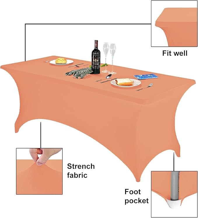 FORLIFE Spandex Table Cover - Fitted 6ft Rectangular Tablecloth, Stretch Patio Cover, Universal for Wedding, Banquet, Party (Peach)