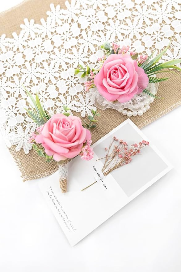 Ansofi Pink Corsage and Boutonniere Set Artificial Rose Flower Wrist Corsage and Boutineers for Groom Groomsmen Bride Bridesmaids Prom Rustic Vintage Wedding Decor