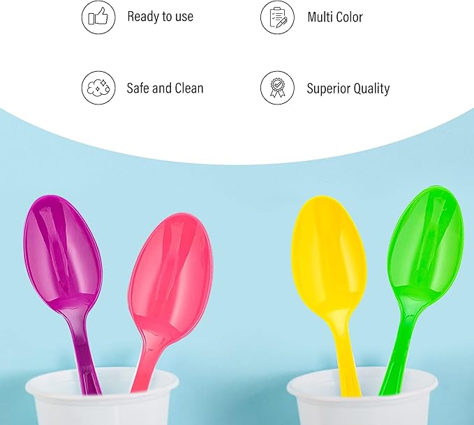 MT Products Candy Colored Medium Weight Polystyrene Plastic Tea spoons in Pink, Green, Orange, Yellow, Purple -Pack of 2000 - Colors may vary