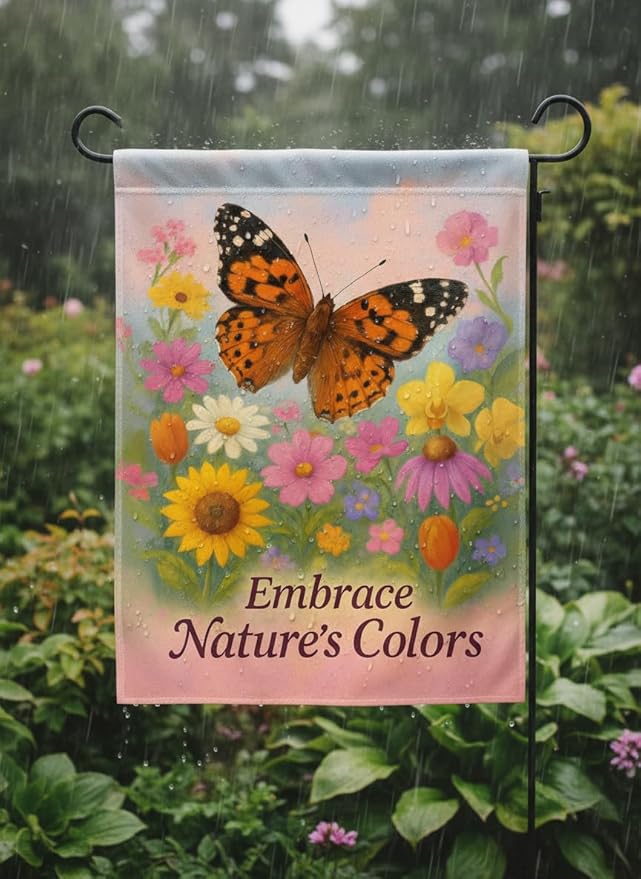 FLAGMEUP8386 Welcome Butterfly Garden Flag 12x18 Inch Double-Sided Polyester Fall Flag with Monarch and Painted Lady on Wildflowers, “Embrace Nature’s Colors Quote Autumn Outdoor Decoration