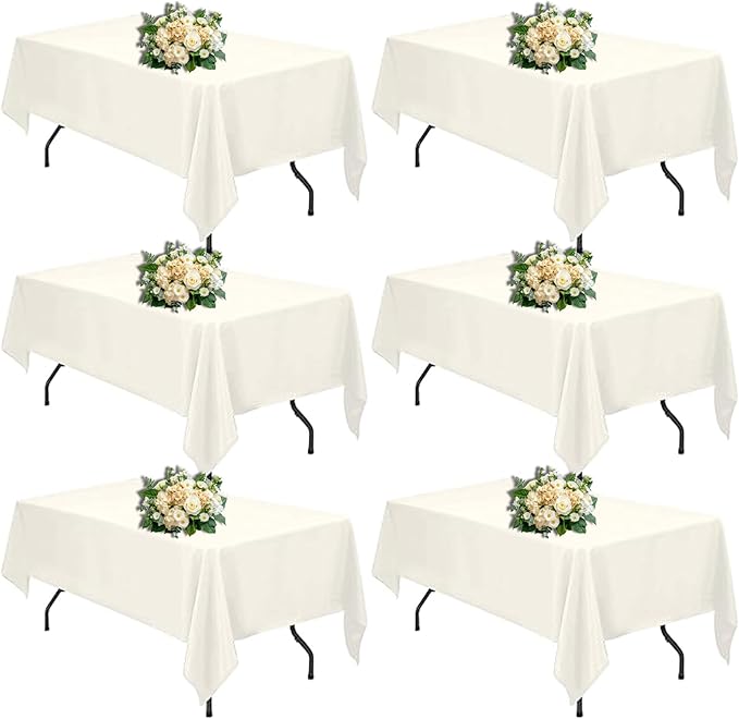 Ivory 6 Pack Polyester Table Cloth 60 x 84 Inch, Rectangle Tablecloths for 6 Foot Tables Washable Table Cloth for Party Wedding