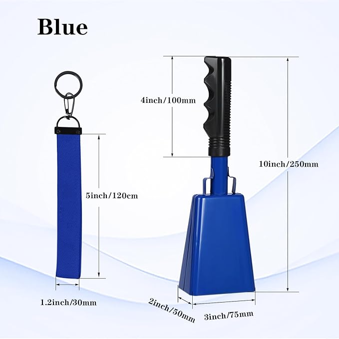 10inch Metal Cowbells with Handle, 1Pcs Cow Bells with Wrist Strap for Sporting Events, Football Games,Party, Concert, Graduations, Farm Ranch, Blue