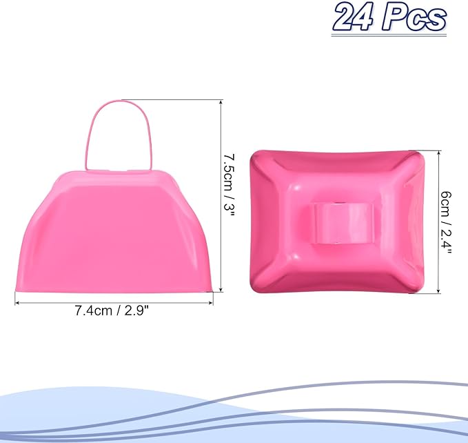 PATIKIL 24pcs Cow Bells for Football Games, 3inch Cowbells for Sporting Events Bulk Loud Noise Makers Metal Cow Bell with Handle for Cheering Wedding,Pink