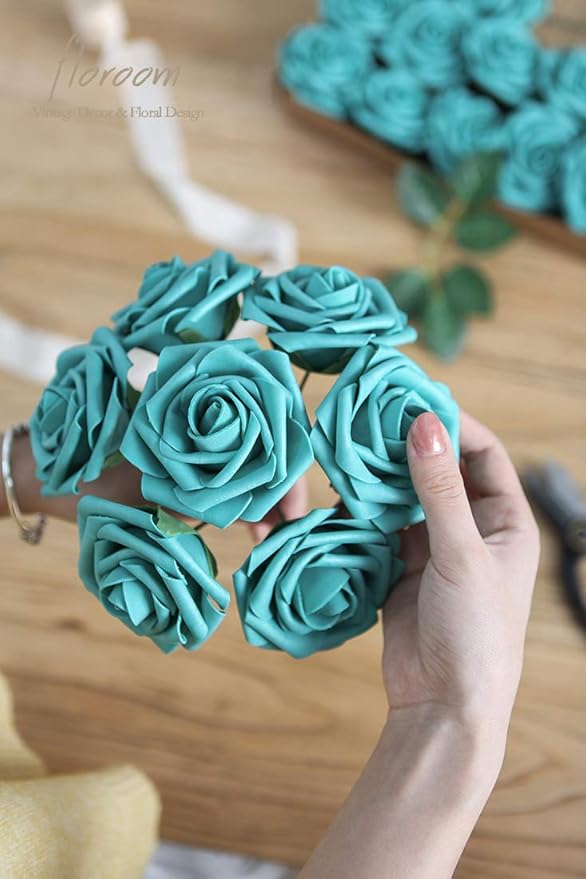Floroom Artificial Flowers 50pcs Real Looking Teal Green Foam Fake Roses with Stems for DIY Wedding Bouquets Bridal Shower Centerpieces Floral Arrangements Party Tables Home Decorations