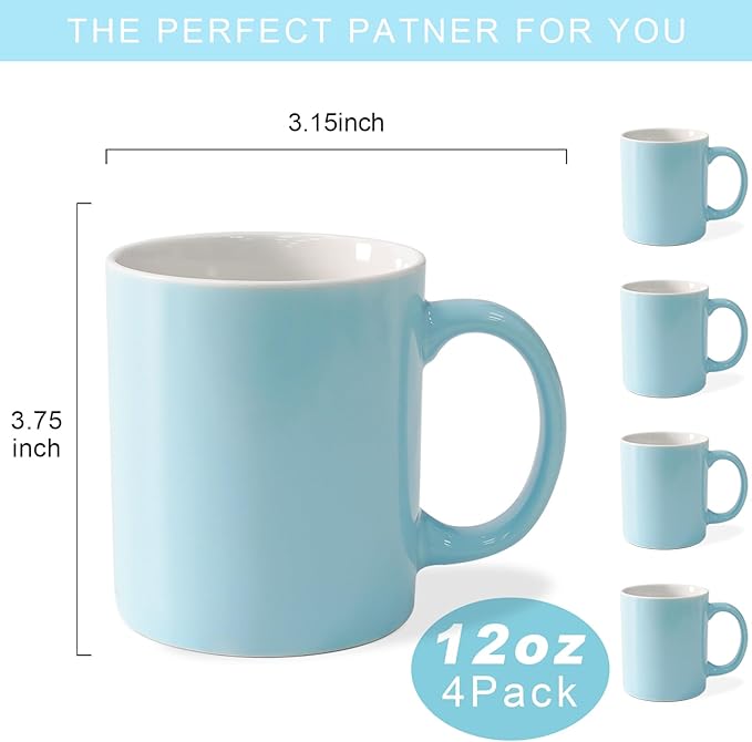 12 oz Cup (4pcs), Plain Gloss Light Blue Ceramic Coffee Mug for Milk Tea, Set of 4