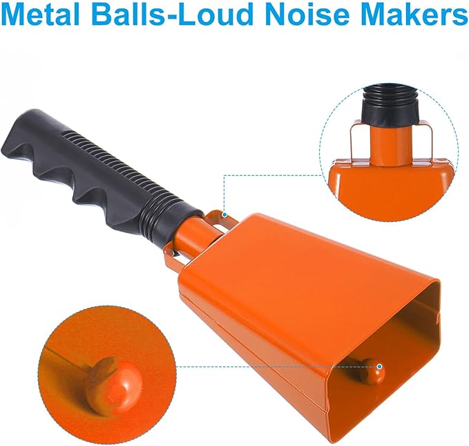 PATIKIL 9inch Cow Bells for Football Games, 2pcs Cowbells for Sporting Events Bulk Loud Noise Makers Metal Cow Bell with Handle for Cheering Competition Marathon Wedding DIY Paint, Orange