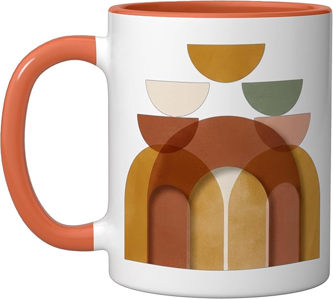Mid-Century Modern Abstract Landscape Earthy Boho Arches Ceramic Mug, Orange/White