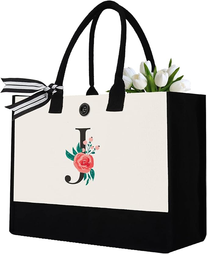 Initial Canvas Tote Bag, Personalized Birthday Gifts for Women Mom Friends Teachers, Monogrammed Tote Bags Suitable for Mother's Day Wedding Beach (Letter J)