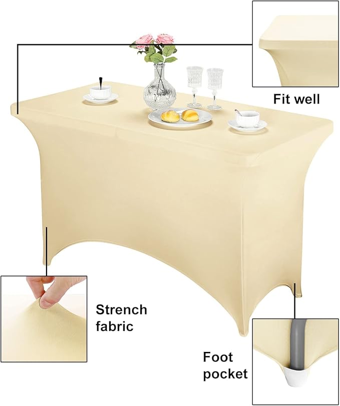 FORLIFE 2Pack Spandex Table Covers，Fitted Tablecloth for Rectangular Tables, Stretch Patio Table Covers, Universal Spandex Table Cover for Wedding, Banquet, Party (4ft, Champagne)