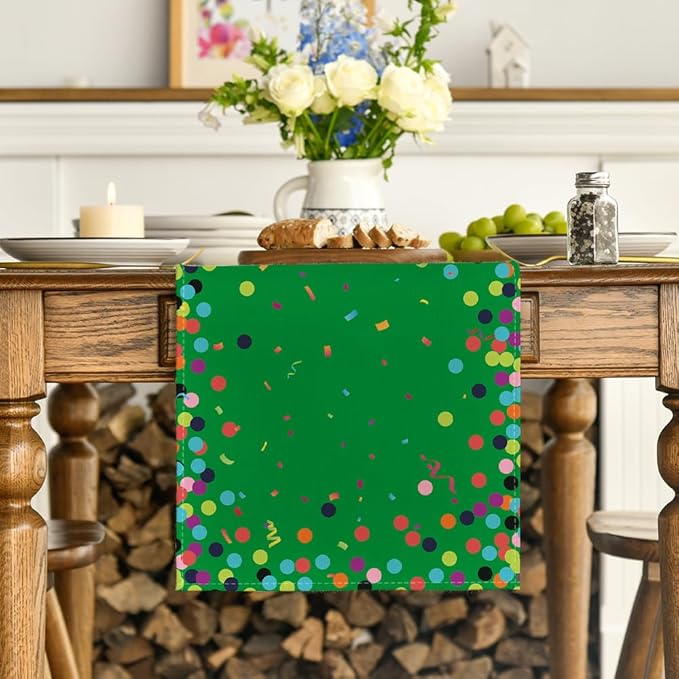 Artoid Mode Polka Dot Green Happy Birthday Table Runner, Seasonal Christmas Winter Kitchen Dining Table Decoration for Home Party Decor 13x72 Inch