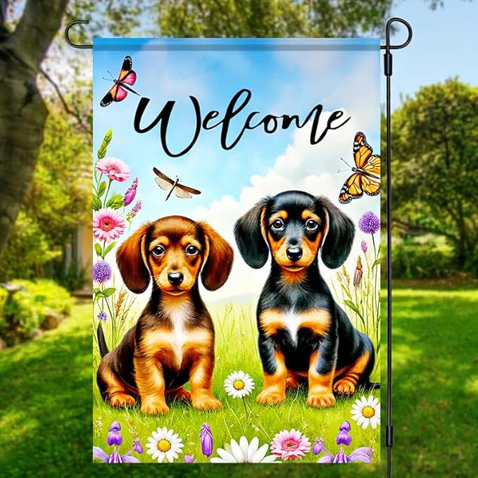 BlissYard Welcome Garden Flag Double Sided 12x18 Inch Dachshund Butterfly Seasonal Spring Small Flags For Outside Outdoor Decor Yard Farmhouse Holiday Spring Summer Decorations Yard Flags