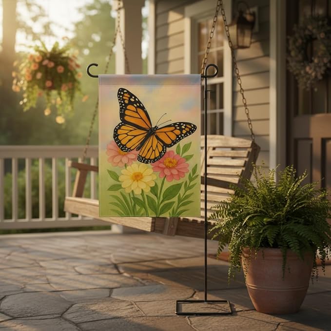 FLAGMEUP8386 Welcome Monarch Butterfly Garden Flag 12x18 Inch Double-Sided Polyester Yard Banner with Flowers, Outdoor Spring Summer Decoration for Porch, Patio, Lawn, Gardeners, Nature Lovers