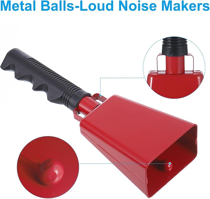 PATIKIL 9inch Cow Bells for Football Games, 2pcs Cowbells for Sporting Events Bulk Loud Noise Makers Metal Cow Bell with Handle for Cheering Competition Marathon Wedding DIY Paint, Red