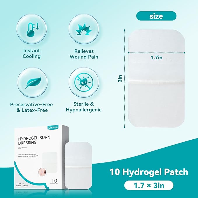 Dimora Hydrogel Wound Dressing 1.7" x3" - Burn Pads Sterile Soothing Bandage, Cooling Protective Treatment for Minor Burns & Blisters, Cuts, Abrasions,Cracked Nipples, 10 Count