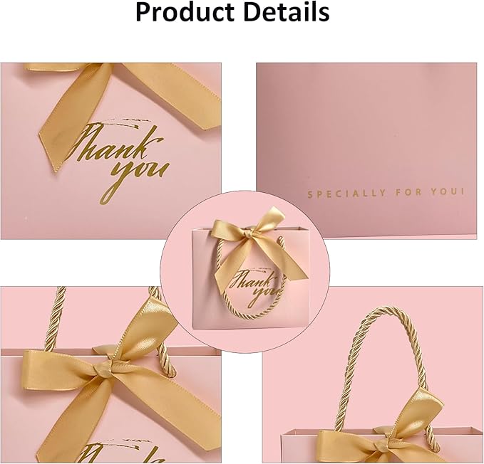 TKSBAG 100 Pack Small Thank You Gift Bags with Handles, 5.5''x 2.5''x4.7'' Mini Pink Gift Bags Bulk for Baby Shower, Birthday, Wedding, Party Favors