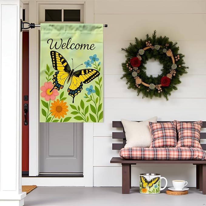 FLAGMEUP8386 Welcome Butterfly Garden Flag 12x18 Inch Double-Sided Polyester Yard Banner with Monarch and Swallowtail Floral Design, Outdoor Decoration for Butterfly Festivals, Labor Day and Fall