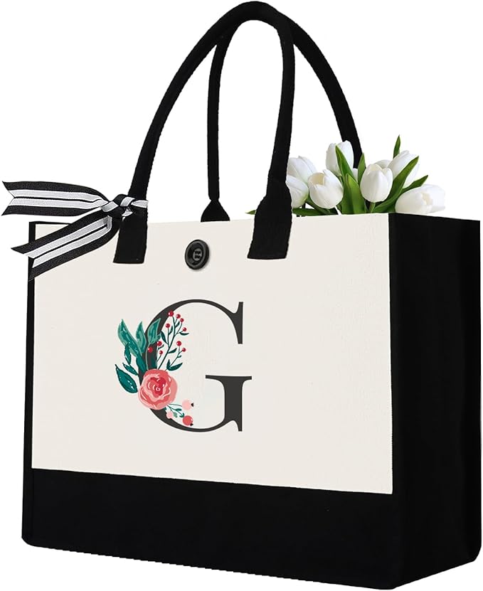 Initial Canvas Tote Bag, Personalized Birthday Gifts for Women Mom Friends Teachers, Monogrammed Tote Bags Suitable for Mother's Day Wedding Beach (Letter G)