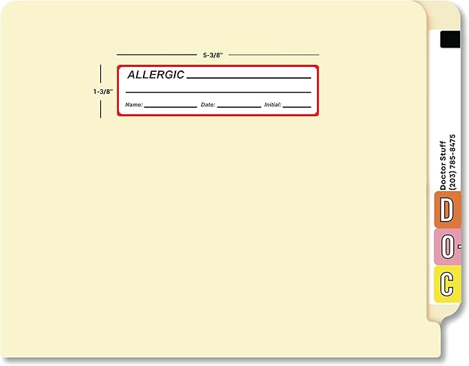 Allergic Chart Label with Name Date Initial Fields 5-3/8” x 1-3/8” Red Black Doctor Stuff Permanent Adhesive 200 Stickers/Roll