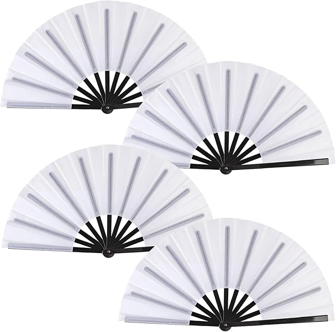 4 Pack Large Folding Hand Fan for Line Dance & Popping, Large Clap Rave Fan Chinese Kung Fu Hand Fan Decorative Folding Fans for Dance, Performance, Festival or Home Decorations(Black Pole White)